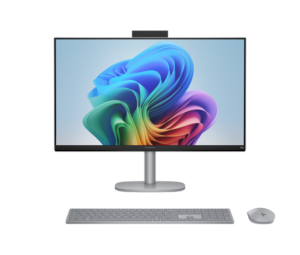 Certified Renewed HP OmniStudio X 27-inch All-in-One AI PC in Meteor Silver featuring a 5MP IR privacy camera.
