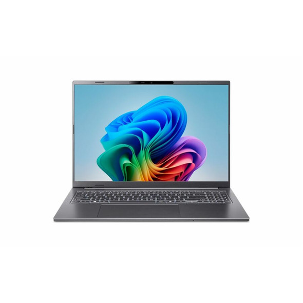 Acer Aspire 16 AI A16-11M-X3EW laptop in Iron Grey showing 16-inch WUXGA display and backlit keyboard.