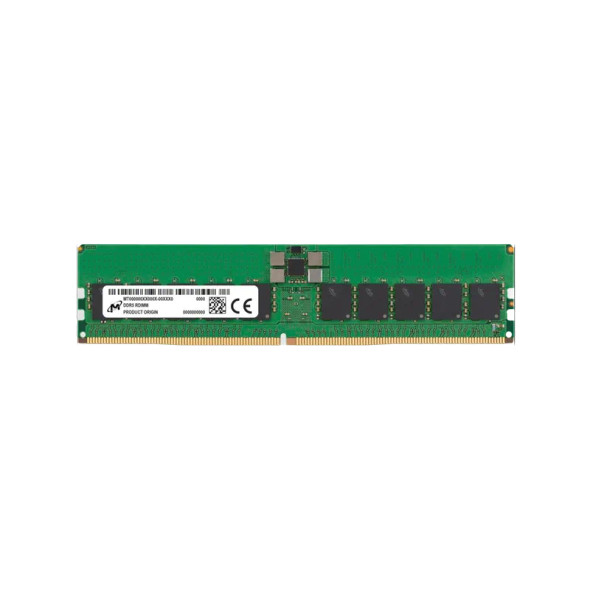 Micron MTC10F1084S1RC64BR 64GB DDR5-4800 RDIMM server memory module showing 288-pin interface and high-density DRAM chips for enterprise applications.