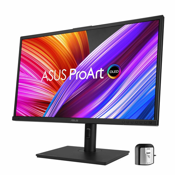 Professional Asus ProArt PA27DCE-K 27-inch 4K OLED monitor showing high-contrast HDR video content with the included X-rite i1 calibrator.