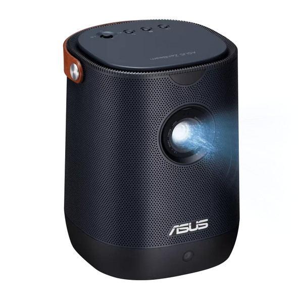 Navy blue ASUS ZenBeam L2 portable projector showing lens, top controls, and leather handle for mobile 1080p theater setups.