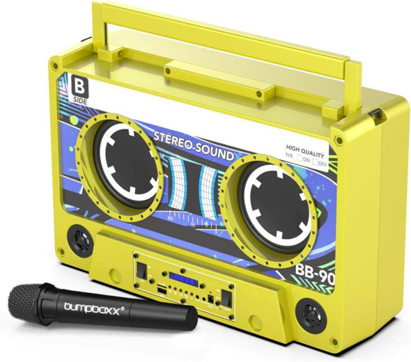 Bumpboxx Remixx Bluetooth Boombox Bluetooth Speaker with The Looks of a Cassette | Bringing Back The Retro Cassette Vibes | Includes Wireless Microphone | Yellow