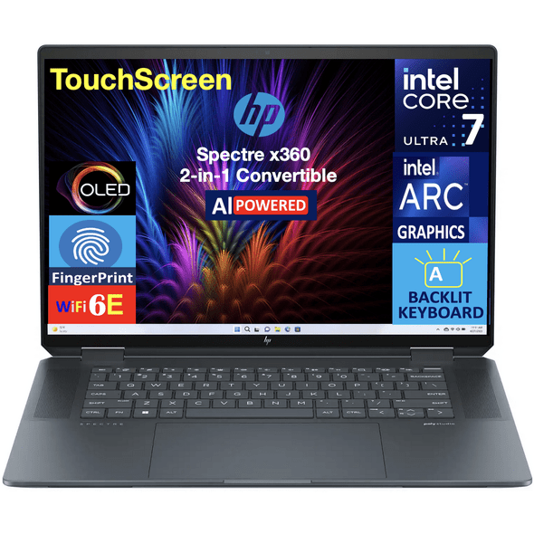 Front view of the black HP Spectre x360 16-aa0010ca 2-in-1 laptop showing the 2.8K OLED touchscreen in laptop mode.