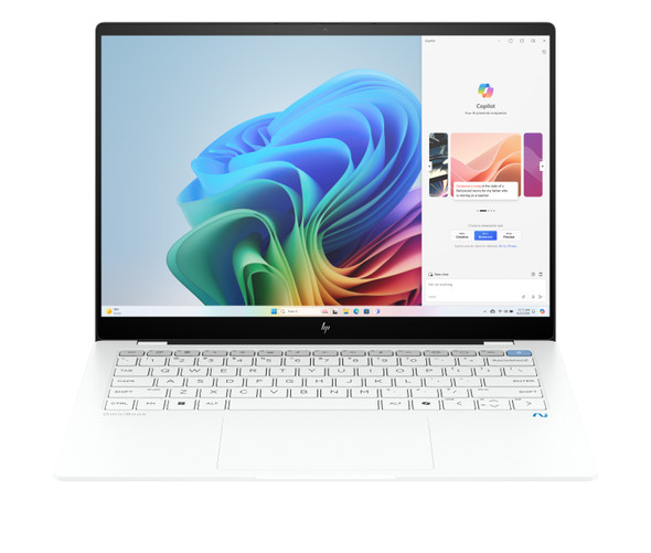 Front view of the Ceramic White HP OmniBook X 14-fe0058nr 14-inch laptop showing its slim design and edge-to-edge glass touchscreen.