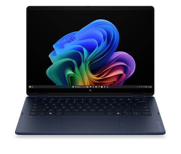 Atmospheric Blue HP OmniBook Ultra Flip 14-fh 2-in-1 laptop shown in tent mode, highlighting the edge-to-edge 2.8K OLED touchscreen and AI-powered webcam.