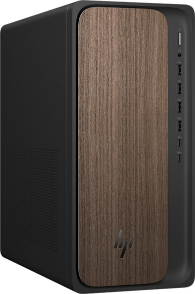 HP OmniDesk AI M03-0054 tower PC in jack black with a premium dark wood front panel.