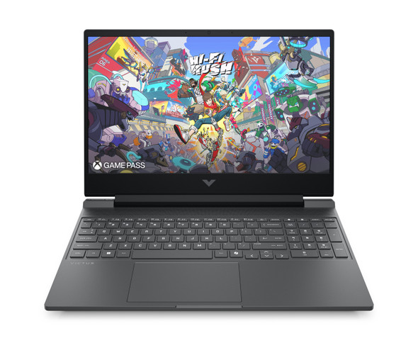 Mica Silver HP Victus 15-fa2013dx gaming laptop open showing the backlit keyboard and a 15.6-inch Full HD display.