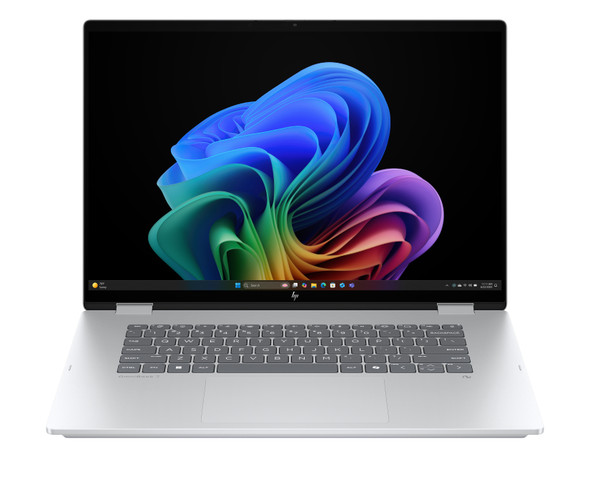 Silver HP Omnibook 7 Flip 16-au0095cl 2-in-1 laptop showing a vibrant 16-inch 3K OLED touchscreen display