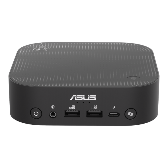 ASUS NUC 14 Pro AI Mini PC in black, showcasing its ultra-compact design and professional finish.