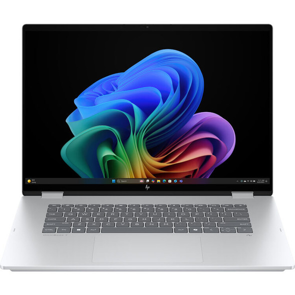 Glacier Silver HP OmniBook 7 Flip shown in tent mode, highlighting its thin 3K OLED touchscreen and versatile 360-degree hinge.