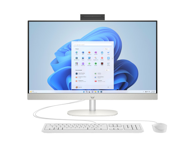 A white HP 27-cr0306 All-In-One desktop PC featuring a 27-inch three-sided micro-edge display.