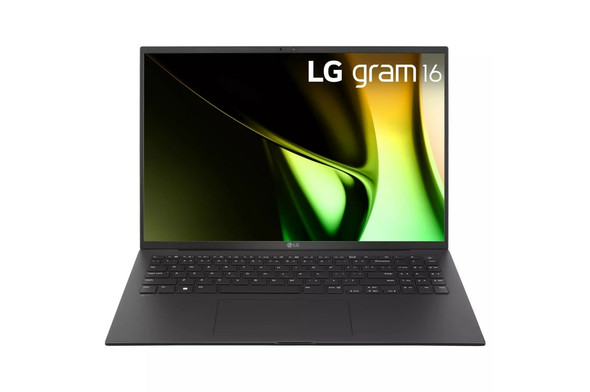 The Obsidian Black LG Gram 16 ultra-lightweight laptop shown open, highlighting its thin magnesium chassis and expansive 16-inch WQXGA professional display.
