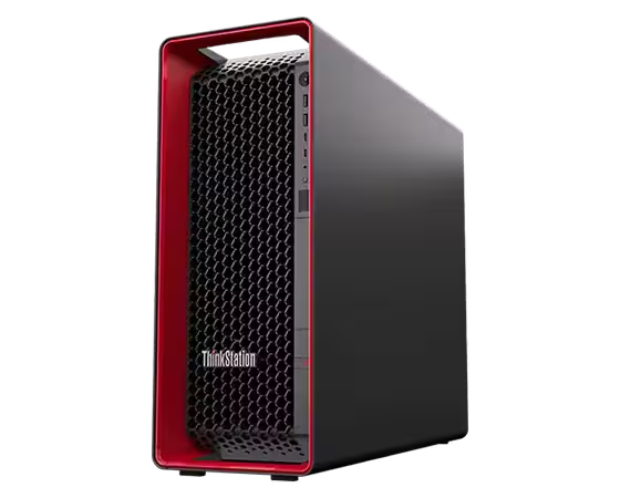 Side-profile of the Lenovo ThinkStation P8 workstation tower highlighting the ventilated front grille and clean professional black finish.