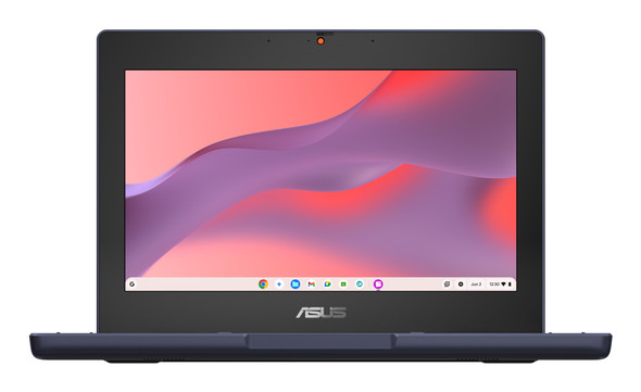 The Mineral Grey Asus 11.6-inch Chromebook shown open, highlighting its compact design, anti-glare HD display, and versatile side ports including USB-C and HDMI.