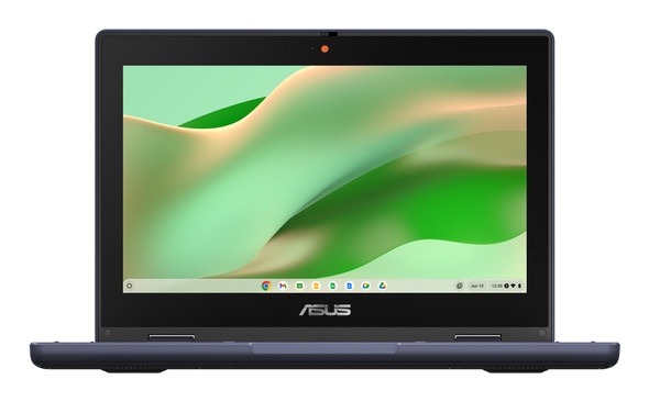 The Mineral Gray Asus Chromebook CZ12 Flip shown in tent mode, highlighting its rugged rubber bumpers and vibrant 12.2-inch touchscreen in a bright classroom setting.