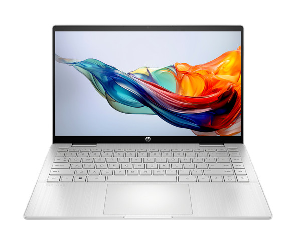 HP Pavilion x360 14‑inch manufacturer‑renewed 2‑in‑1 laptop in silver with FHD touchscreen.