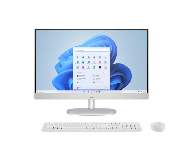 Front view of the Shell White HP 24-cr0913w All-in-One PC highlighting the 23.8-inch micro-edge touchscreen and matching wireless keyboard.