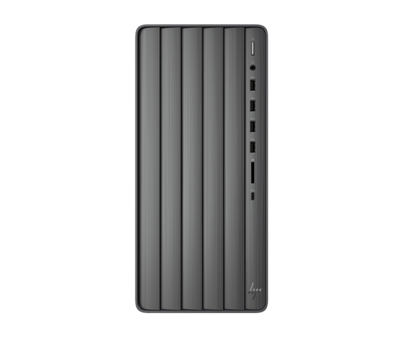 Front view of HP ENVY TE01 Desktop in Nightfall Black showing compact tower design, front-facing USB ports.