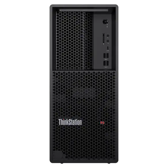 Tower workstation with front USB-C, multiple USB-A ports, audio jacks, SD card reader, rear DisplayPort, HDMI, Ethernet, and security lock slot