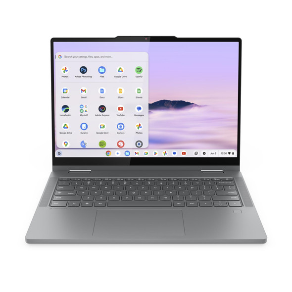 Luna Grey Lenovo Chromebook Plus 14-inch 2-in-1 convertible laptop in tent mode, featuring a WUXGA touchscreen and aluminum top cover.