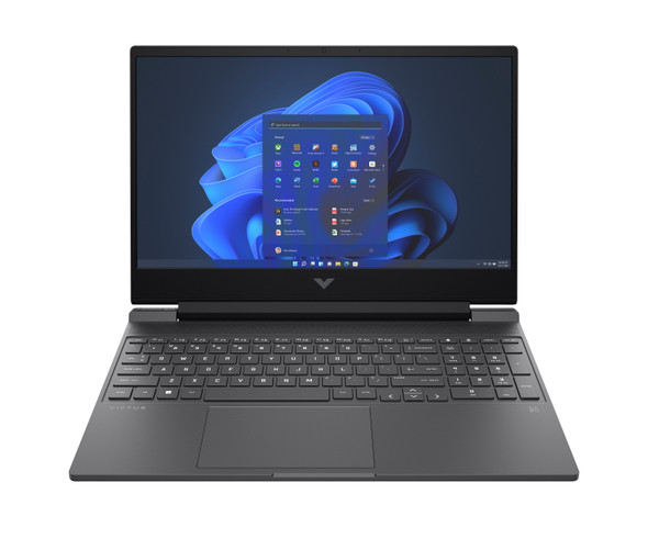 A professional mica silver HP Victus 15-fa1029nr gaming laptop with its 15.6-inch 144Hz FHD display open.