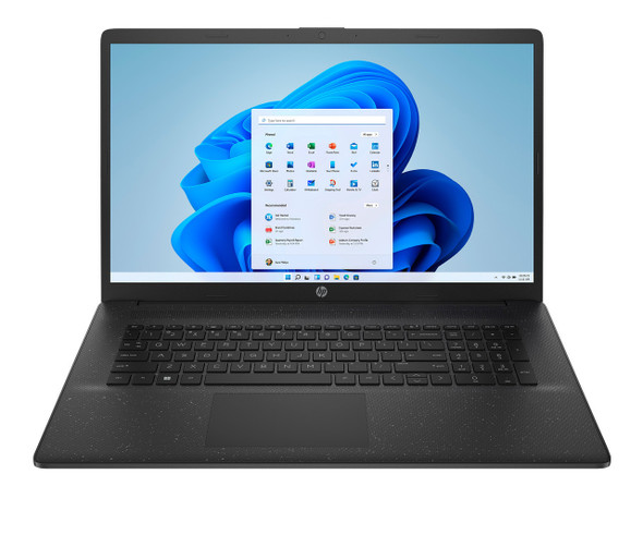 Front view of the HP 17t-cn300 laptop with jet black finish and large display.