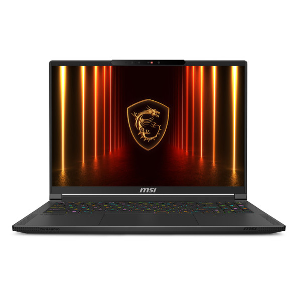 Front view of the MSI Stealth A16 AI+ in Core Black showing the 16-inch QHD+ OLED display.