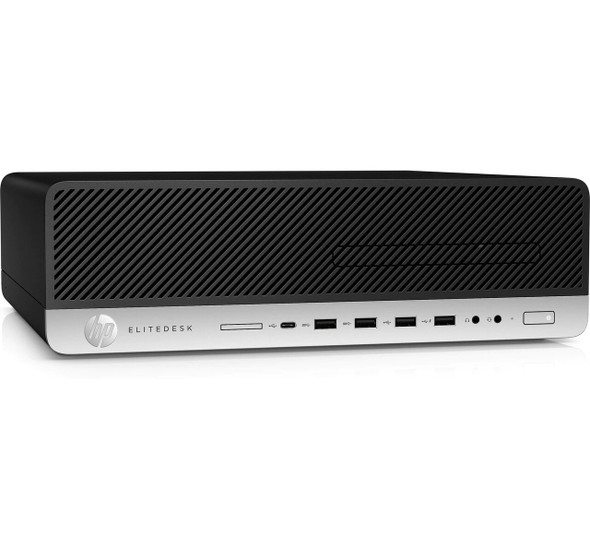 HP EliteDesk 800 G5 Small Form Factor desktop PC in matte dark charcoal, shown from a front three-quarter angle showcasing its professional, compact enterprise chassis layout in pristine Grade A refurbished condition.