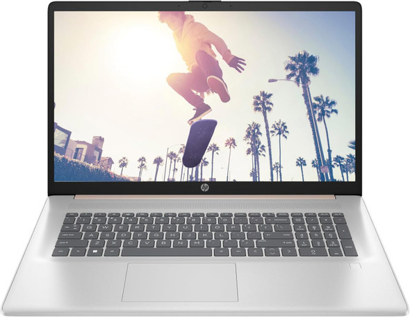 Front view of the HP 17T-CN300 showcasing the large 17.3-inch HD+ BrightView display and elegant Pale Rose Gold finish.