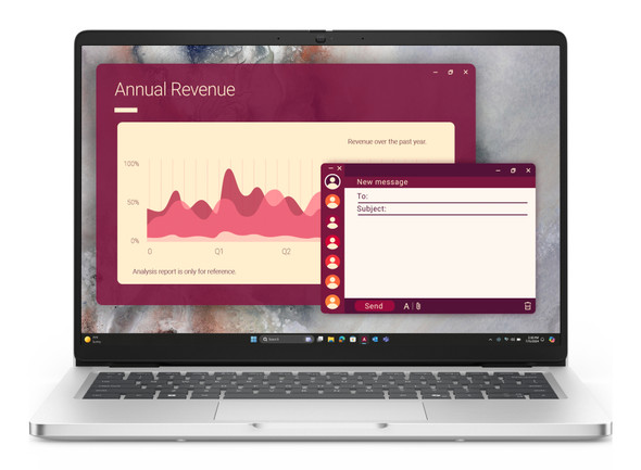 Front view of the Dell Pro PC14250 showcasing the 14-inch FHD+ anti-glare display and sleek Platinum Silver finish.