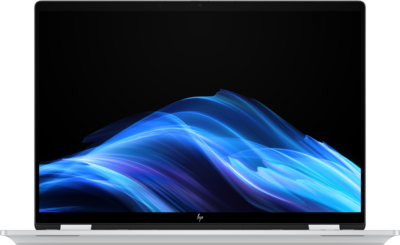 A Silver HP OmniBook X Flip 14 featuring a 14-inch 2.8K OLED touchscreen with edge-to-edge glass and micro-edge bezels.