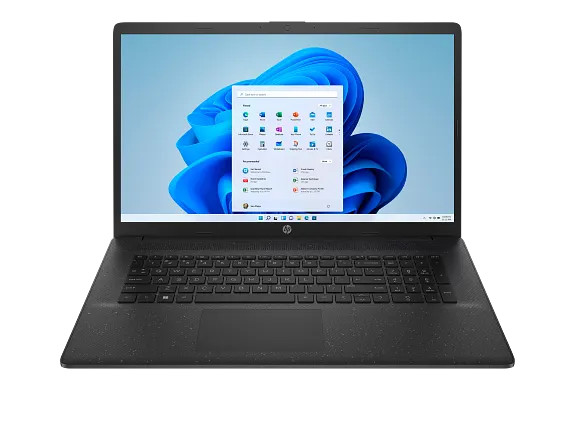 A Jet Black HP 17-cn3030ca notebook featuring a sophisticated mesh knit pattern finish.