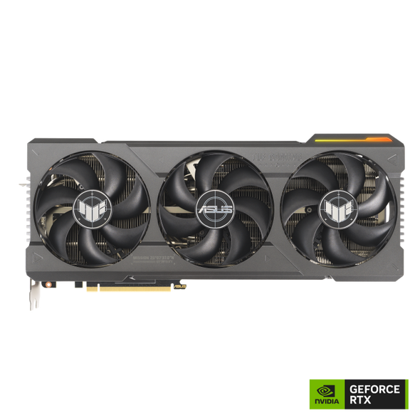 ASUS TUF Gaming GeForce RTX 4080 Super OC Edition graphics card with a rugged metal exoskeleton and triple Axial-tech fans.