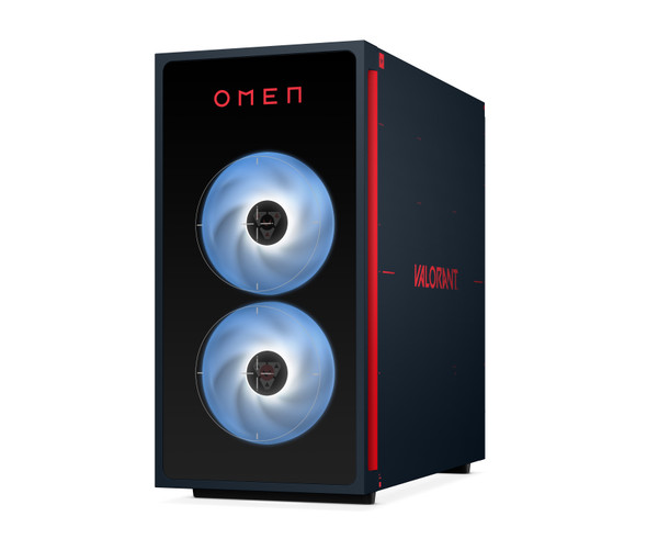 The HP OMEN 35L black chassis features a sleek, stationary design with customizable RGB lighting.