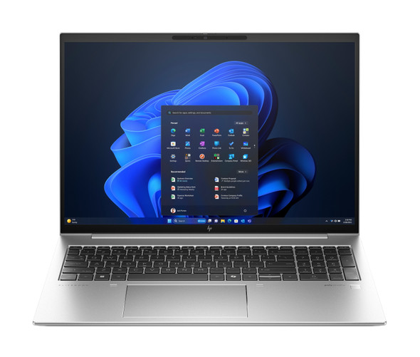 Front-facing angle of silver HP EliteBook 860 G11 showing micro-edge display and webcam.