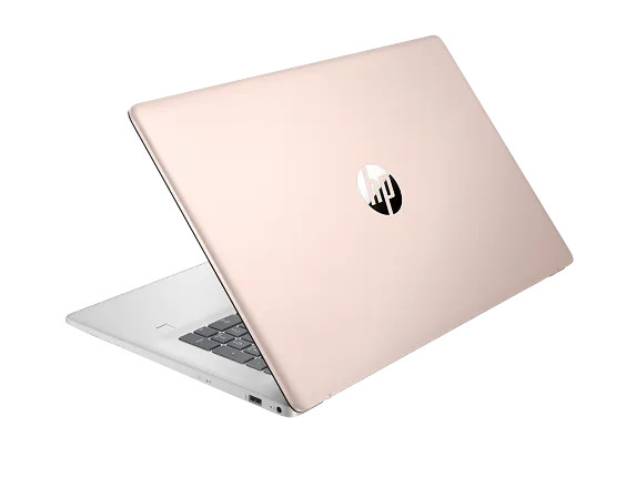 Top view of HP 17T-CN300 notebook displaying wide 17.3-inch anti-glare screen and elegant Pale Rose Gold finish.