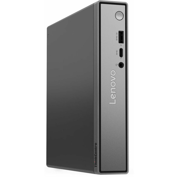 Brand new Lenovo ThinkCentre neo 55q Gen 6 Tiny desktop computer standing vertically on its workspace mount, showcasing its ultra-compact black chassis design.