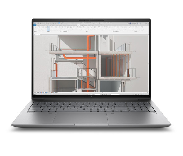 Full front view of the HP ZBook X G1i 16 touchscreen mobile workstation in Nouvelle Silver with screen open.