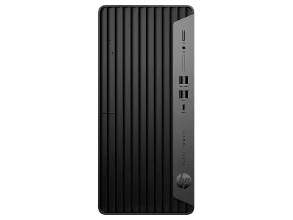 Front view of the professional black HP EliteDesk 600 G9 Tower desktop PC showing its clean ventilation grille, front-facing ports, and sleek enterprise design.