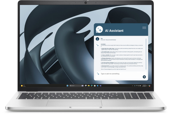 Front perspective view of the open Dell Pro 16 Plus commercial laptop in Platinum finish, showcasing its expansive 16-inch anti-glare display.