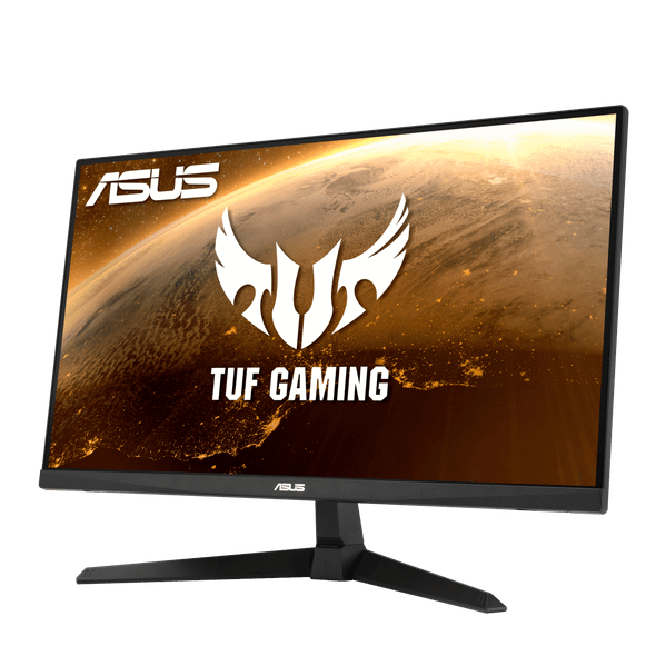 Front view of the ASUS TUF Gaming VG277QY1A 27-inch monitor turned on, displaying a vibrant gaming landscape on its sleek, matte black frame.