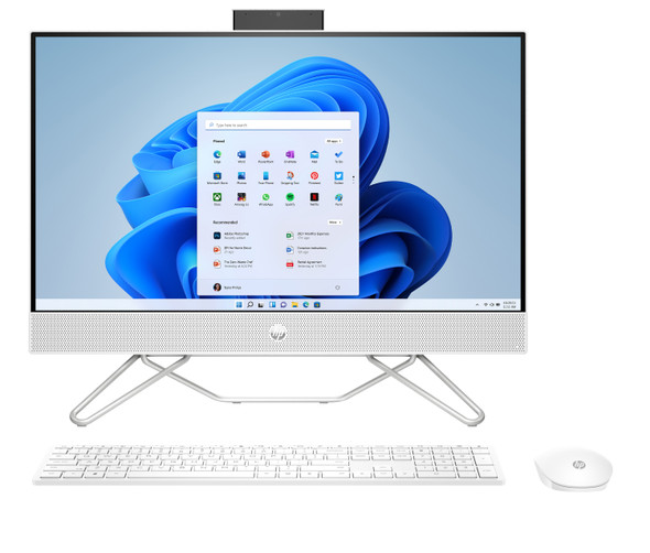 Front view of the elegant HP 24 All-in-One PC in Starry White displaying its slim modern profile.