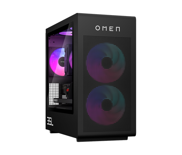 HP OMEN 35L GT16 Gaming Desktop in black featuring a sleek chassis and high-performance cooling design.