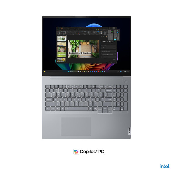 Overhead view of the backlit keyboard and precision touchpad on the Lenovo ThinkBook 16 G9.