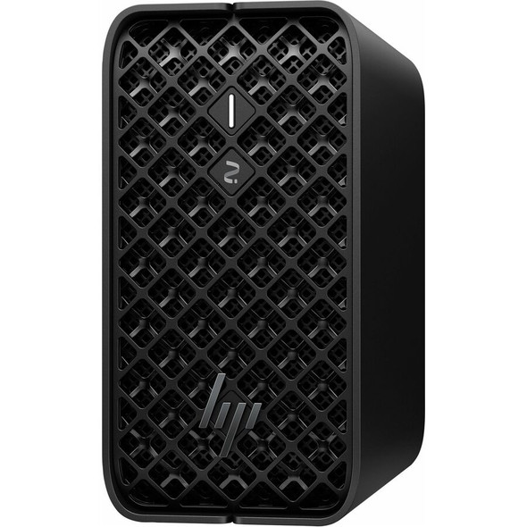 Front profile of the HP Z2 Mini G1a Workstation showing its ultra-compact jet black chassis layout.