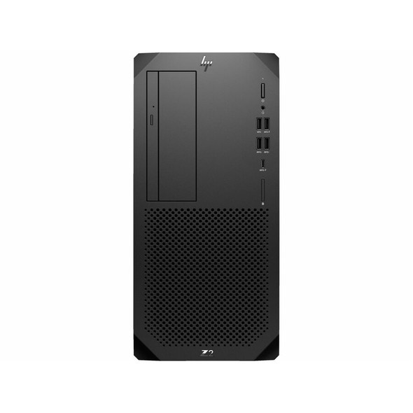 Front perspective view of the black HP Z2 G9 Tower Workstation Desktop PC chassis.