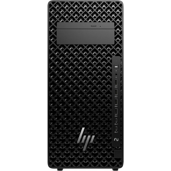 Front view of the black HP Z2 G1i Tower Workstation chassis.