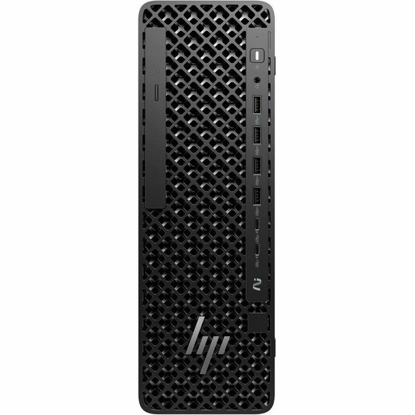 Front angled view of the compact black HP Z2 G1i Small Form Factor Workstation Desktop PC chassis