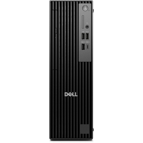 Front view of the black Dell Pro Slim Plus QBS1250 desktop showing the slim profile, optical drive, and front USB ports.
