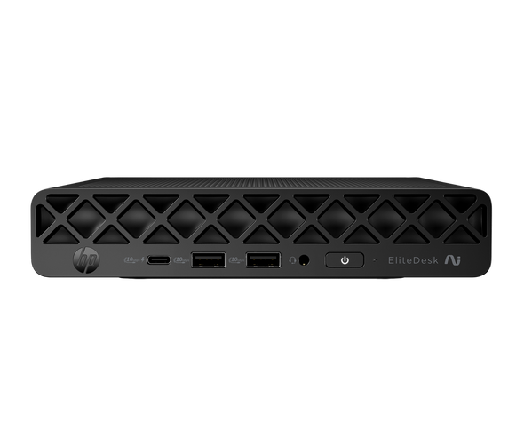 HP EliteDesk 8 Mini G1a Desktop PC – Front angle view showing ultra-compact mini form factor chassis and front panel USB ports